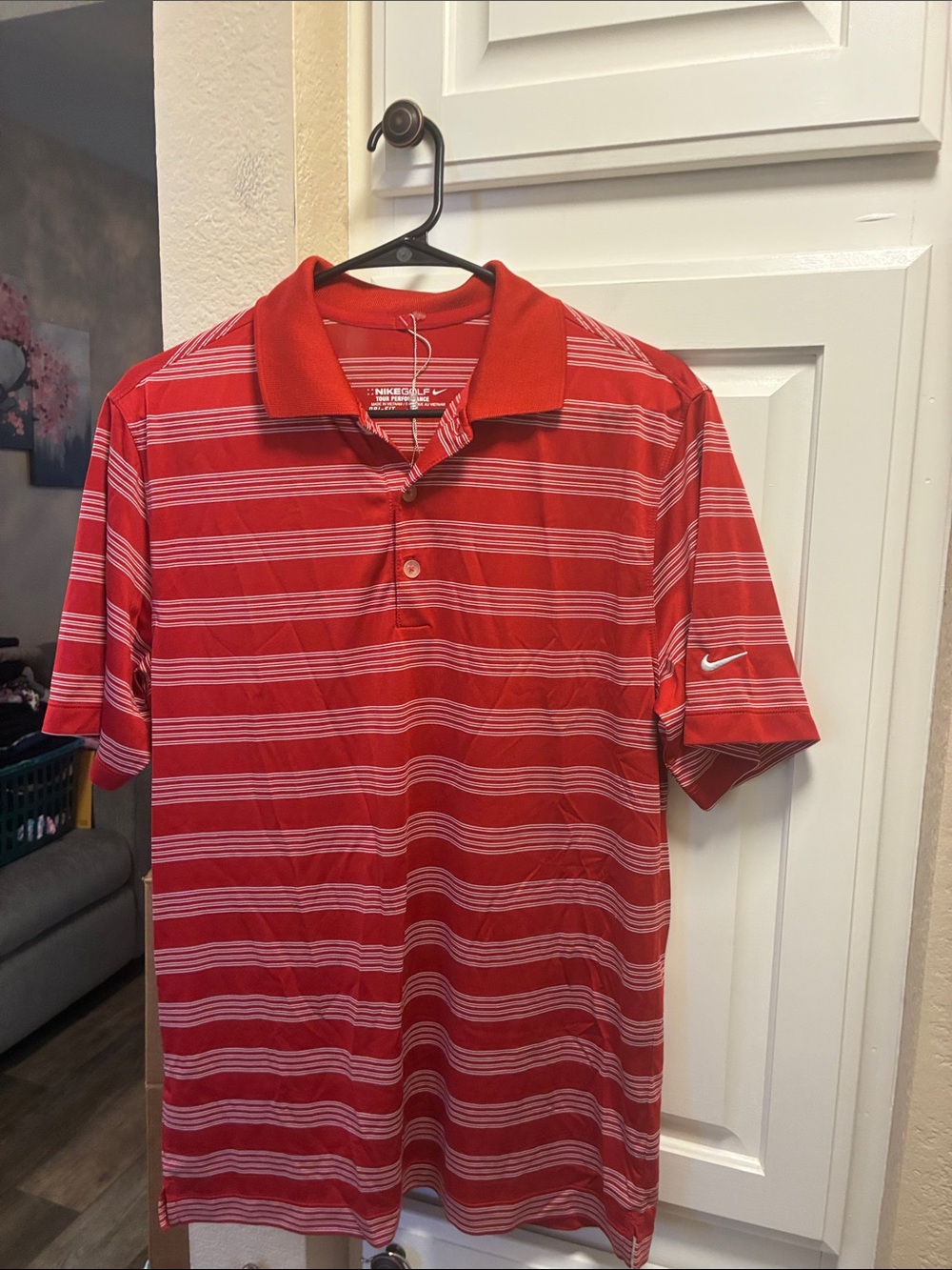 Men’s Nike golf tour performance dri fit Red & White Striped Polo shirt NWOT